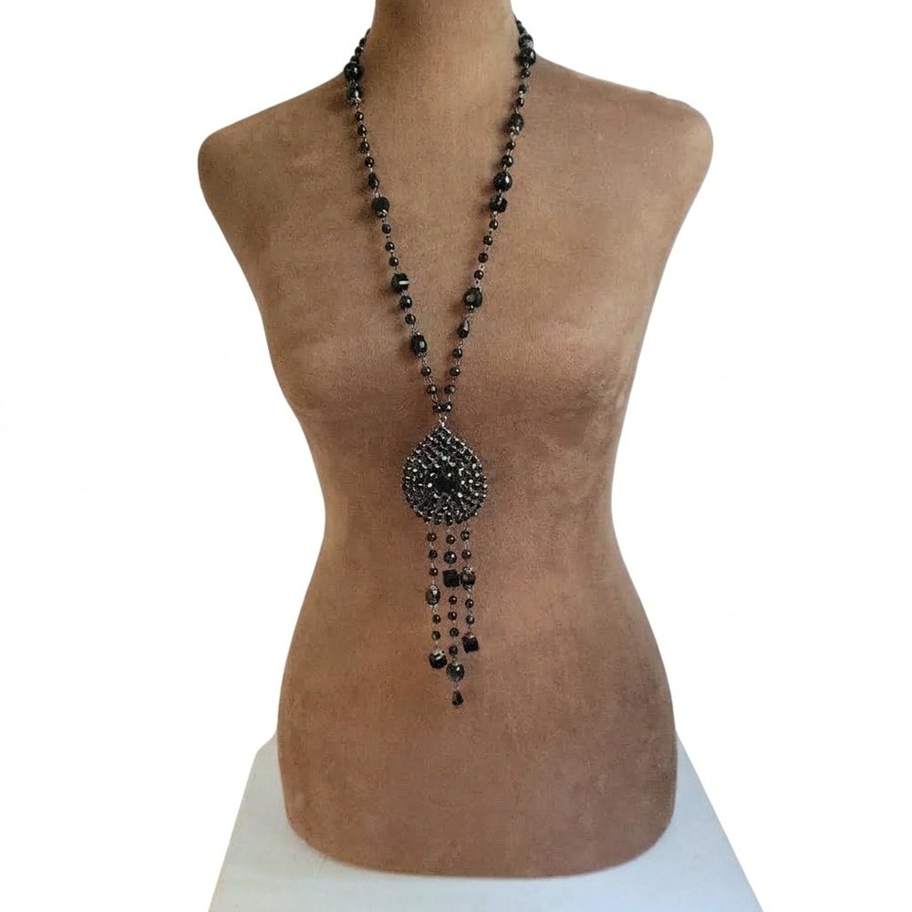 Coldwater Creek Black Beaded Tassel Statement Necklace 26" Long Pendant 7"
